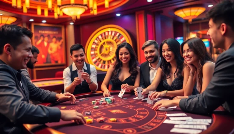 Experience high-stakes excitement at lc88 com with players surrounded by vibrant casino tables, roulette wheels, and colorful chips.