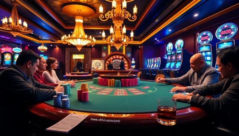 Gambling scene at a casino with poker chips and a roulette wheel, featuring https://okfun.accountant/ for betting excitement.