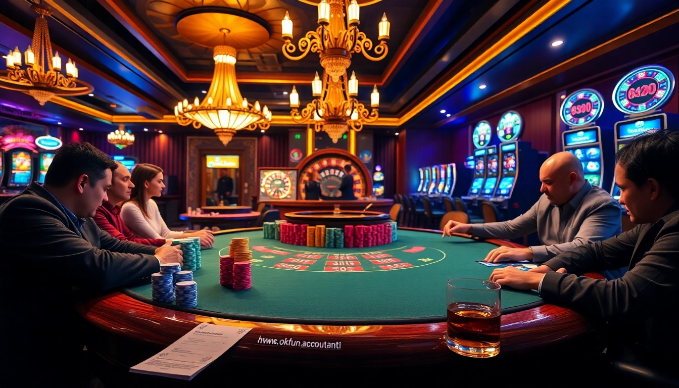Gambling scene at a casino with poker chips and a roulette wheel, featuring https://okfun.accountant/ for betting excitement.